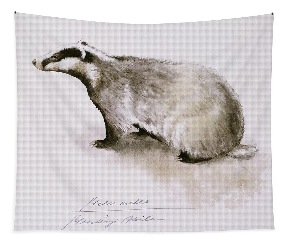 Badger Tapestry featuring the painting Badger, watercolor by Attila Meszlenyi