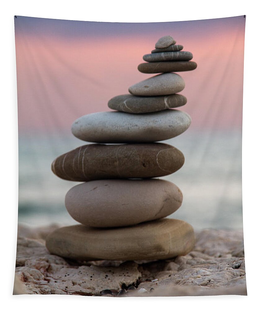Arrangement Background Balance Beach Beauty Blue Building Color Colour Concept Concepts Construction Design Energy Group Heap Isolated Life Light Natural Nature Ocean Outdoor Pattern Peace Pebble Relax Rock Sand Scene Sea Shape Simplicity Sky Spa Space Stability Stack Stone Summer Sun Top Tower Tranquil Travel Vacation Water White Zen Tapestry featuring the photograph Balance by Stelios Kleanthous