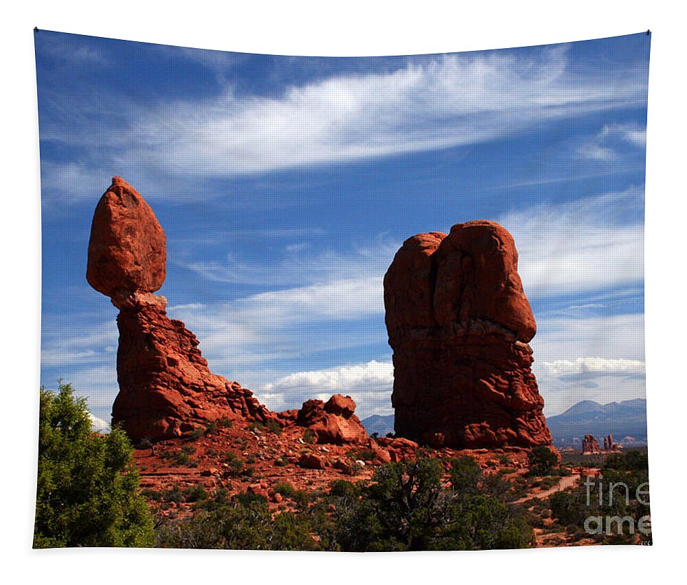Balanced Rock Tapestry featuring the painting Balanced Rock Arches National Park, Moab, Utah by Corey Ford