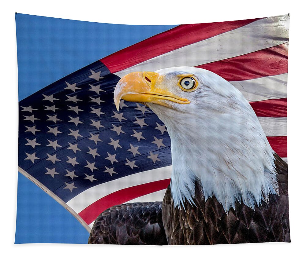 America Tapestry featuring the photograph Bald Eagle and American Flag by Dawn Key