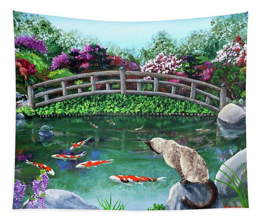 Bridge Tapestry featuring the painting Balinese Cat at Hakone by Laura Iverson