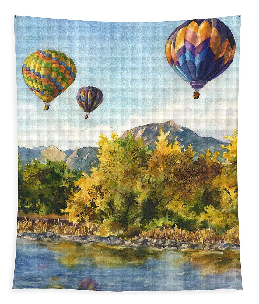 Hot Air Balloons Painting Tapestry featuring the painting Balloons at Twin Lakes by Anne Gifford