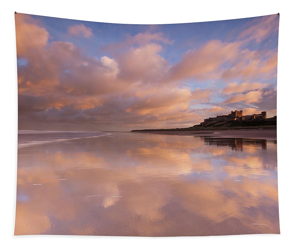 Bamburgh Castle Tapestry featuring the photograph Bamburgh Castle sunset reflections on the beach by Anita Nicholson