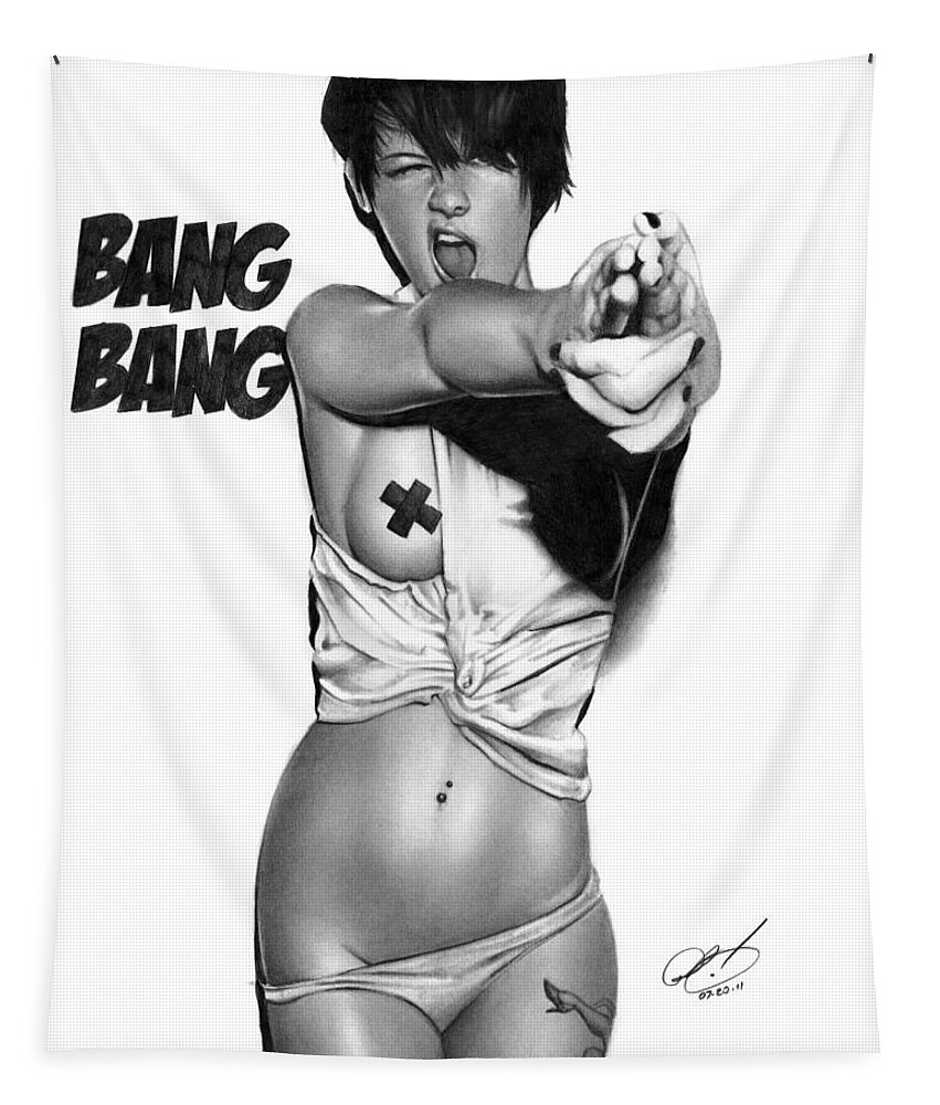 Pete Tapestry featuring the drawing Bang Bang by Pete Tapang