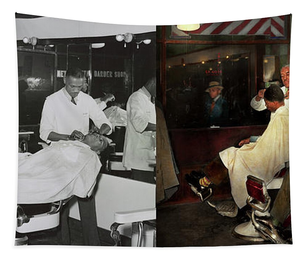 Barber Art Tapestry featuring the photograph Barber - A time honored tradition 1941 - Side by Side by Mike Savad