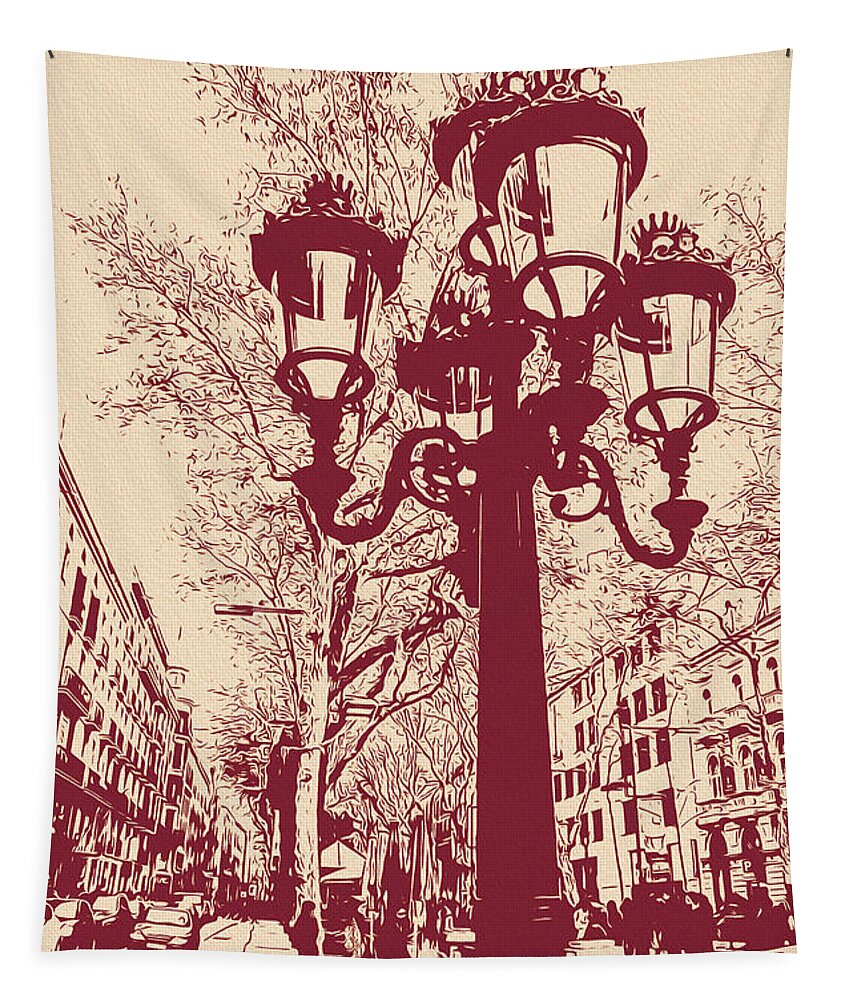 Las Ramblas Tapestry featuring the painting Barcelona, A walk down Las Ramblas - 2 by AM FineArtPrints