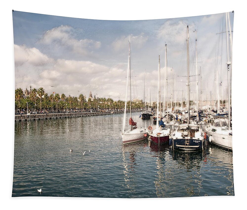 Barcelona Tapestry featuring the photograph Barcelona Harbor by Steven Sparks