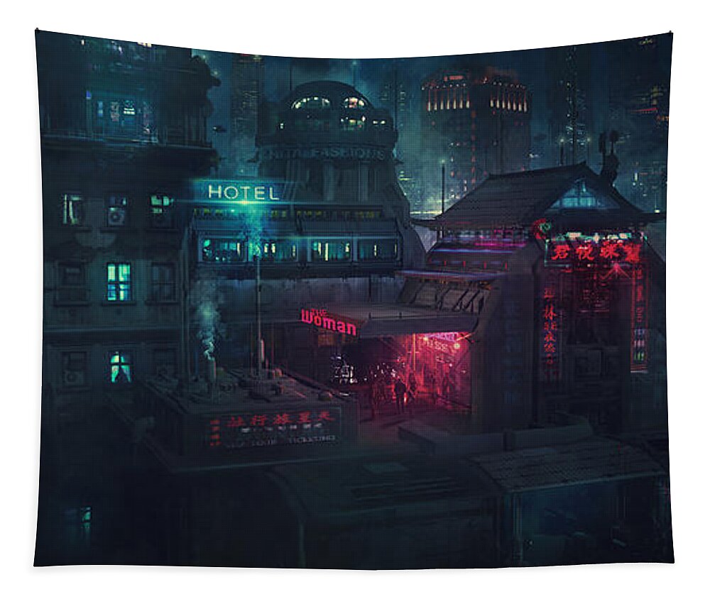 Scifi Tapestry featuring the painting Barcelona Smoke and Neons Eixample by Guillem H Pongiluppi