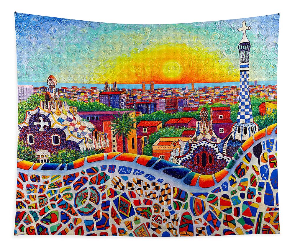 Barcelona Tapestry featuring the painting BARCELONA SUNRISE COLORS FROM PARK GUELL modern impressionism knife oil painting Ana Maria Edulescu by Ana Maria Edulescu