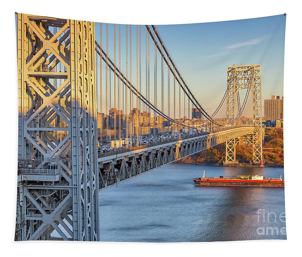 Architectural Tapestry featuring the photograph Barge Passing Under the GWB by Jerry Fornarotto