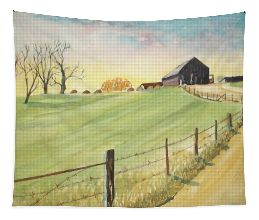 Sunset Tapestry featuring the painting Barn in Kentucky by Judith Young