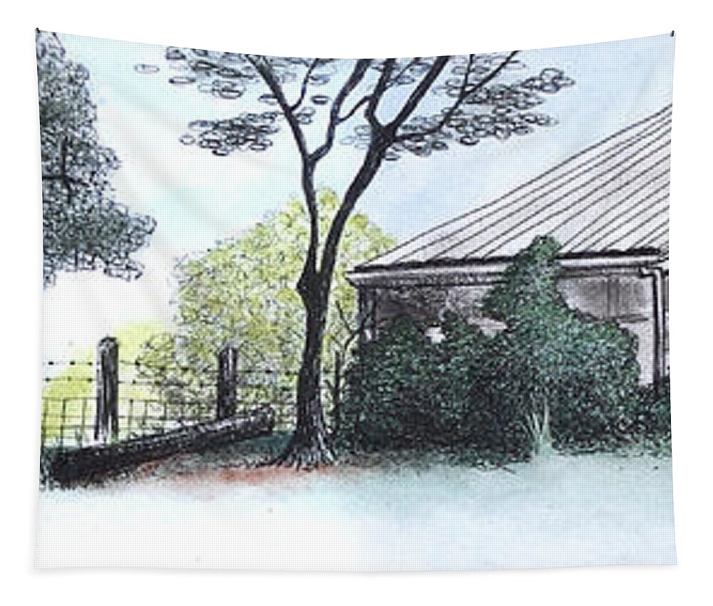 Rooster Tapestry featuring the pastel Barn with Trees and the Rooster by Michele Fritz