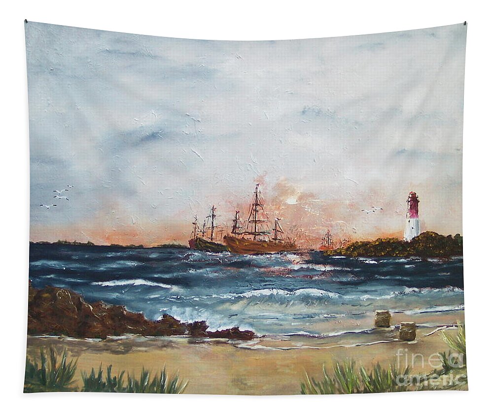 Barnegat Lighthouse Nj Beach Ocean Boats Ship Tapestry featuring the painting Barnegat Lighthouse by Miroslaw Chelchowski