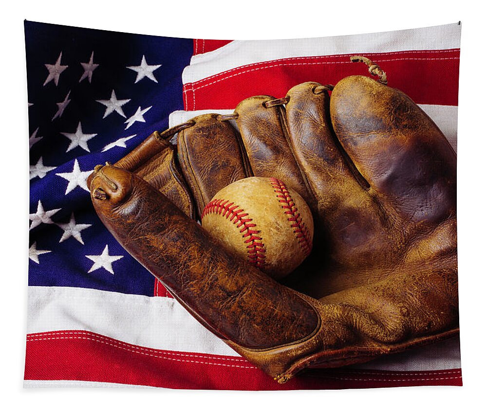 Baseballs Tapestry featuring the photograph Baseball Mitt And American Flag by Garry Gay