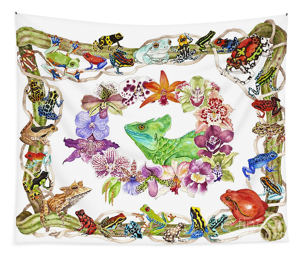 Frogs Tapestry featuring the painting Basilisk, Orchids, Frogs by Lucy Arnold