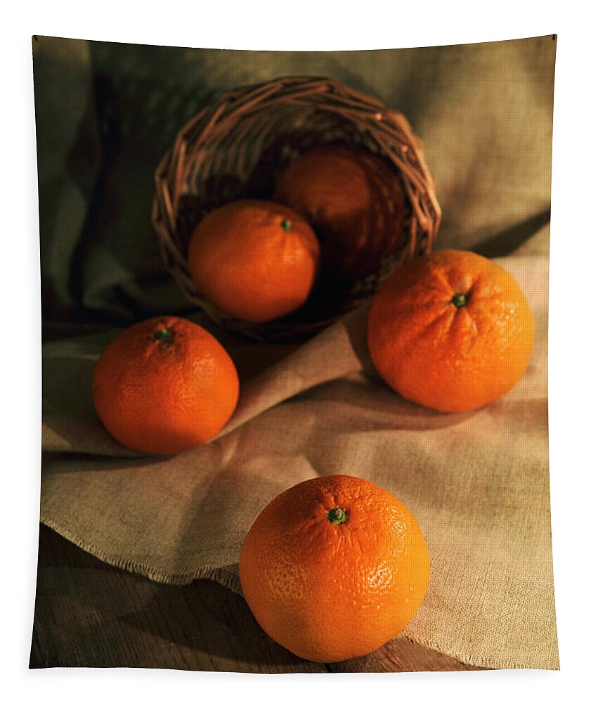 Basket Tapestry featuring the photograph Basket of fresh tangerines by Jaroslaw Blaminsky