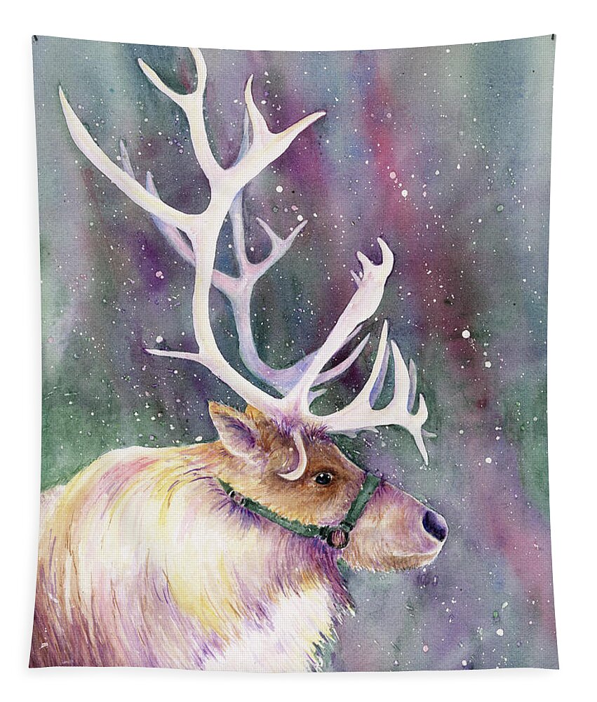 Reindeer Tapestry featuring the painting Basking in the Lights by Lori Taylor
