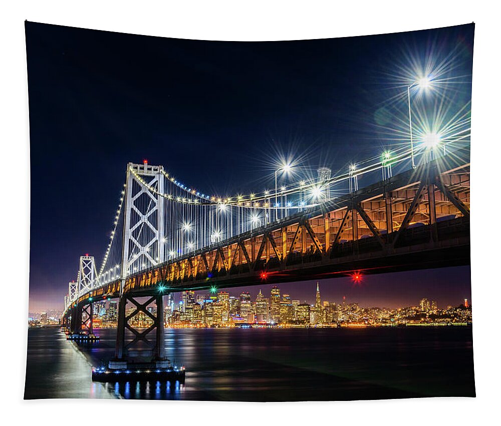 Bay Area Tapestry featuring the photograph Bay Bridge and San Francisco By Night 4 by Jason Chu