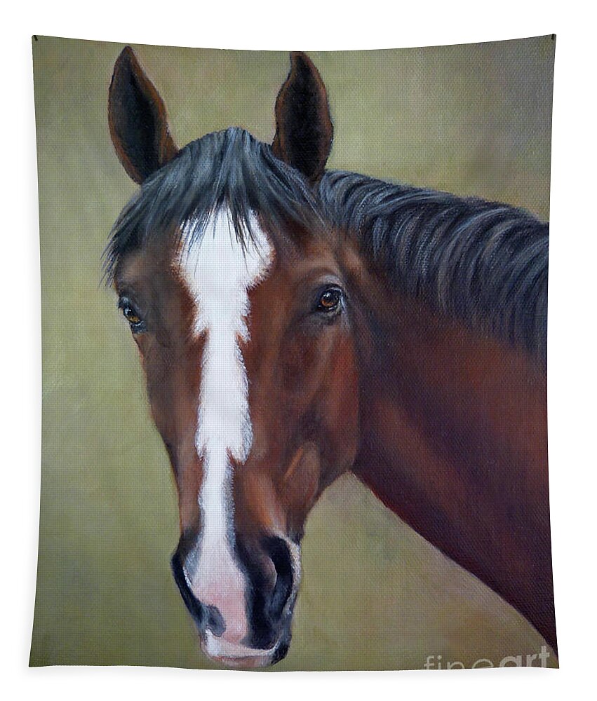 Horse Tapestry featuring the painting Bay Thoroughbred Horse Portrait OTTB by Amy Reges