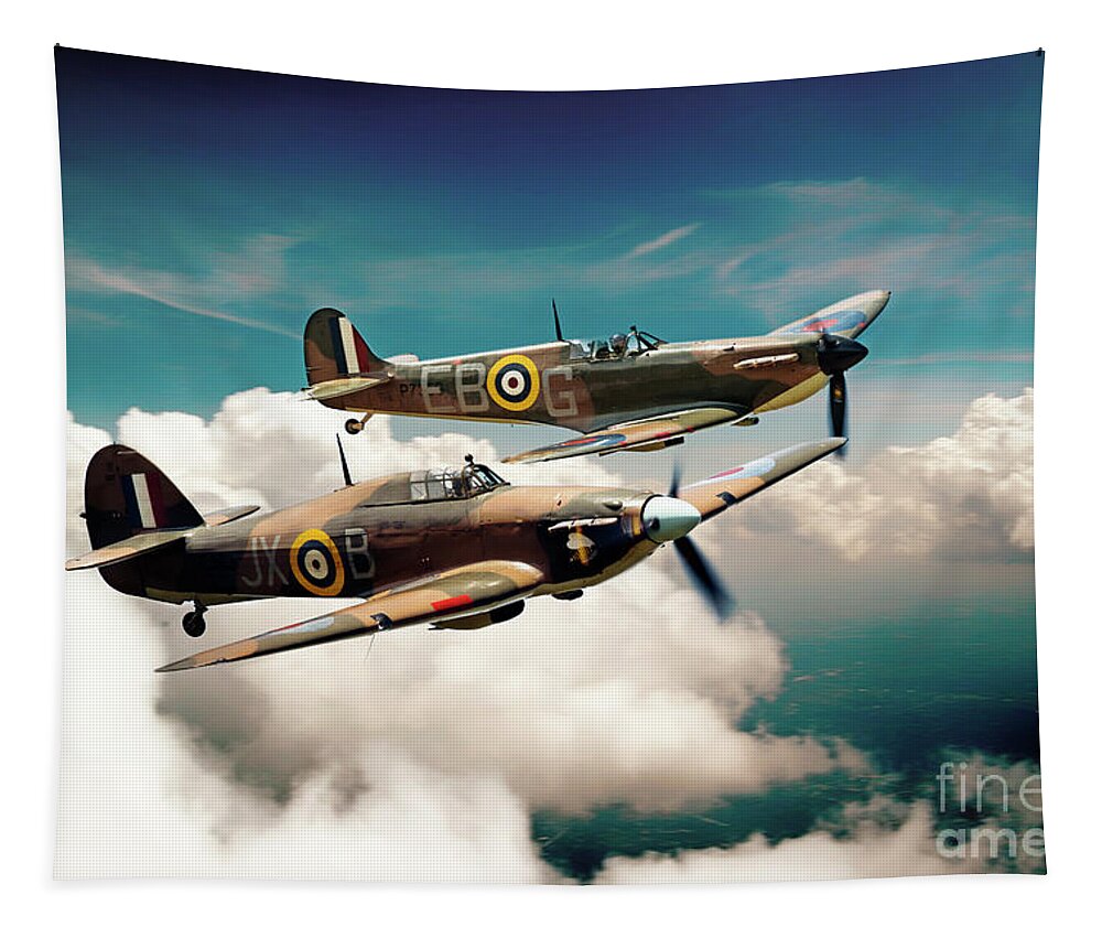 Spitfire Tapestry featuring the digital art BBMF Spitfire and Hurricane by Airpower Art