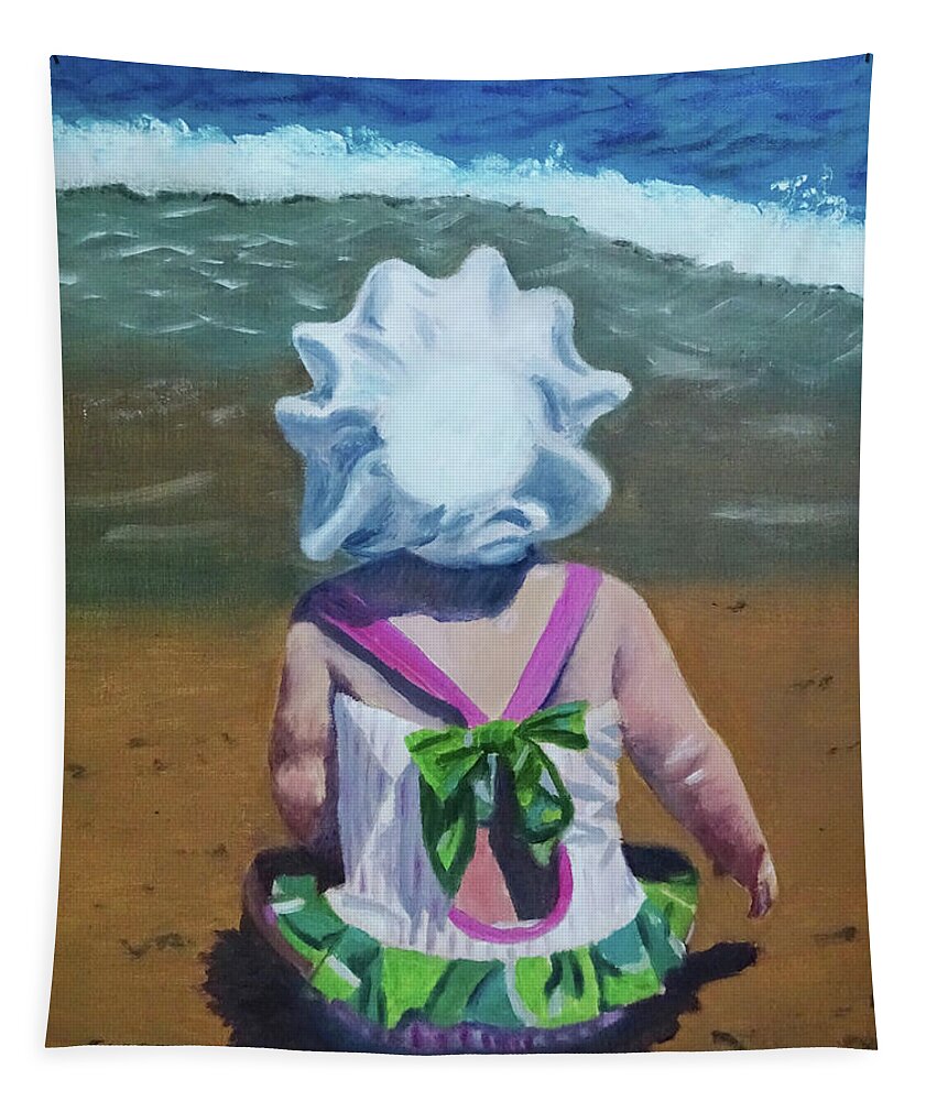 Coast Tapestry featuring the painting Beach Baby in Bonnet by Jill Ciccone Pike