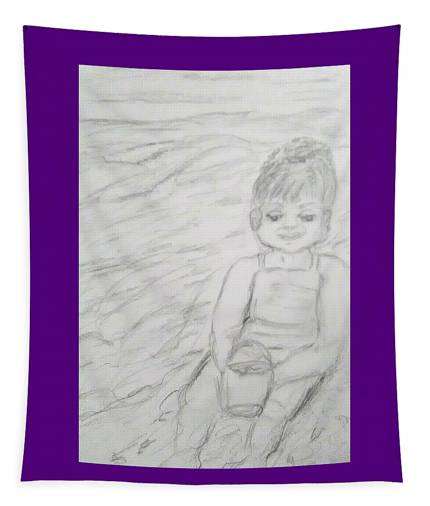 Children Tapestry featuring the drawing  Beach Baby by Suzanne Berthier