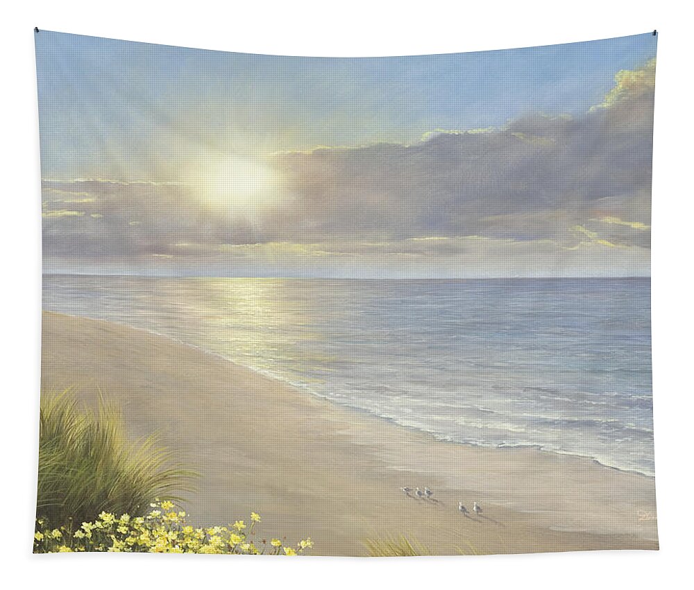 Sunlit Beach Tapestry featuring the painting Beach Serenity by Diane Romanello