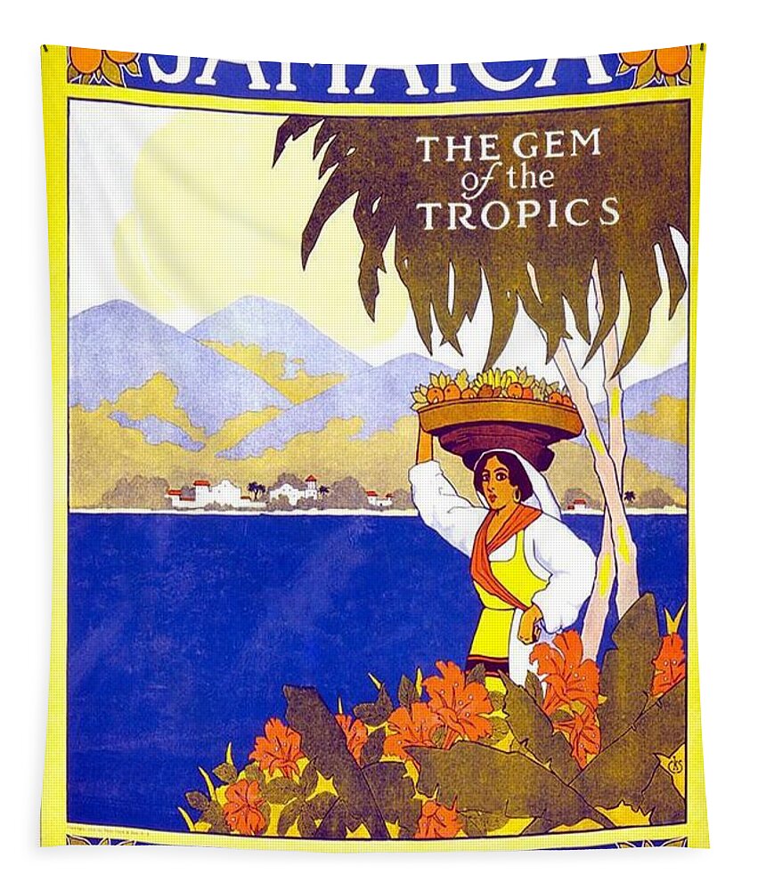 Jamaica Tapestry featuring the painting Beautiful Jamaican Landscape Illustration - Vintage Travel Poster - Gem of the Tropics by Studio Grafiikka