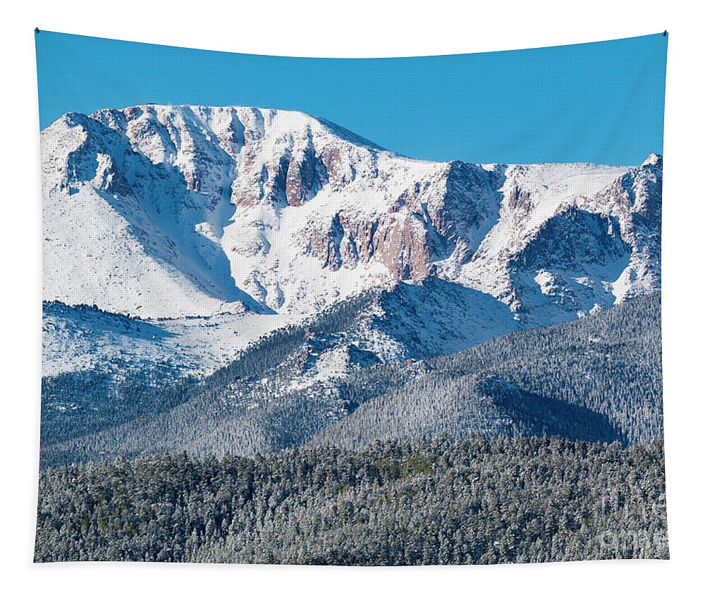 Pikes Peak Tapestry featuring the photograph Beautiful Spring Snow on Pikes Peak Colorado by Steven Krull