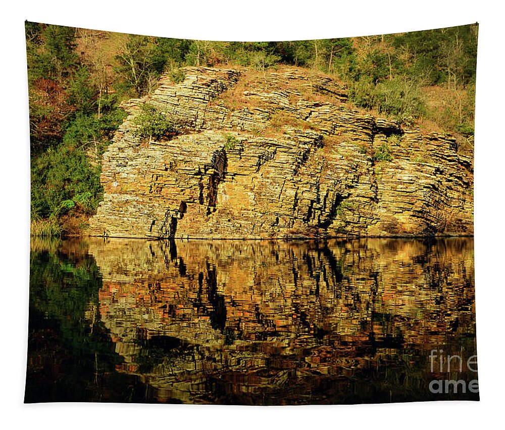 Landscape Tapestry featuring the photograph Beaver's Bend Rock Wall Reflection by Tamyra Ayles