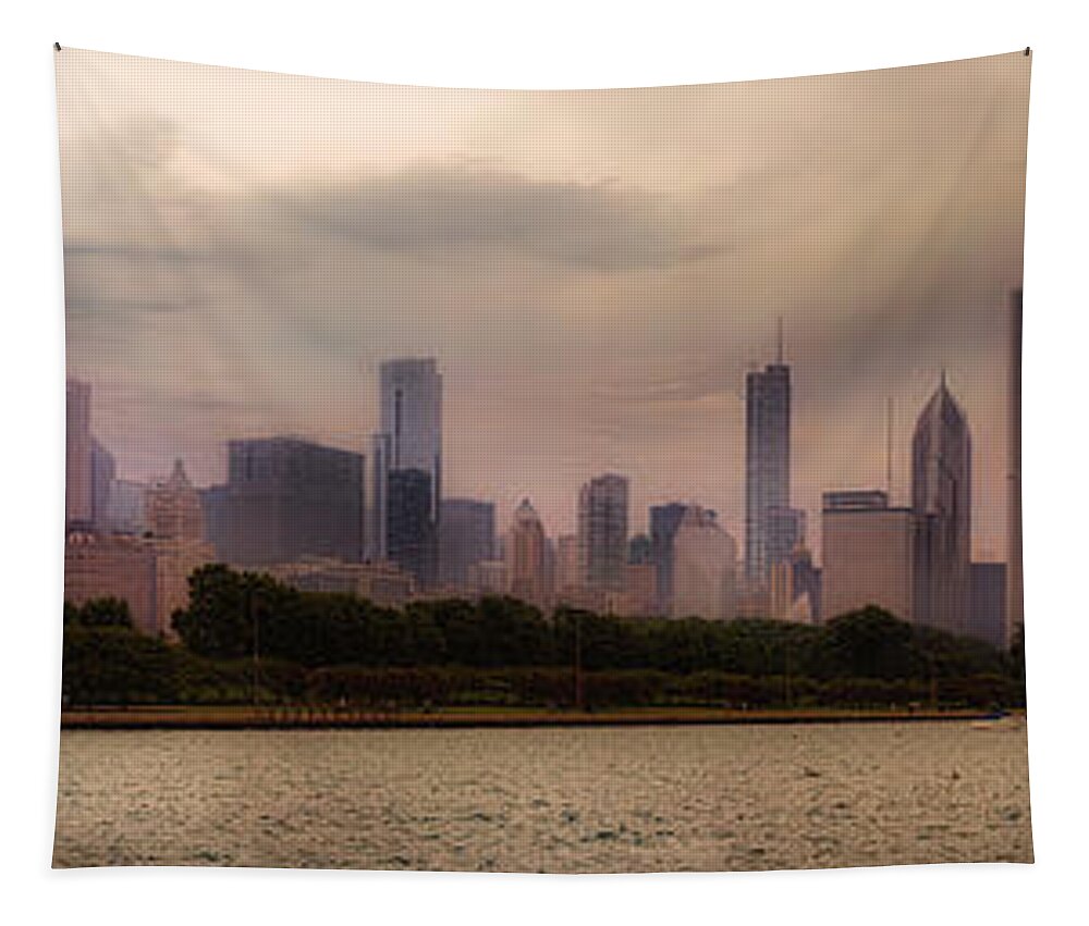 Lake Michigan Tapestry featuring the photograph Before The Spring Storm Chicago Lakefront Panorama 04 by Thomas Woolworth