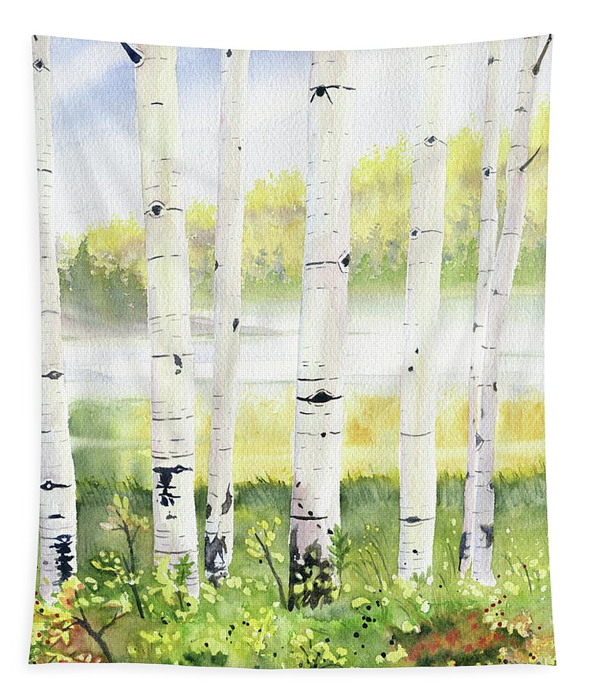 Behind The Birch Trees Tapestry featuring the painting Behind The Birch Trees by Melly Terpening