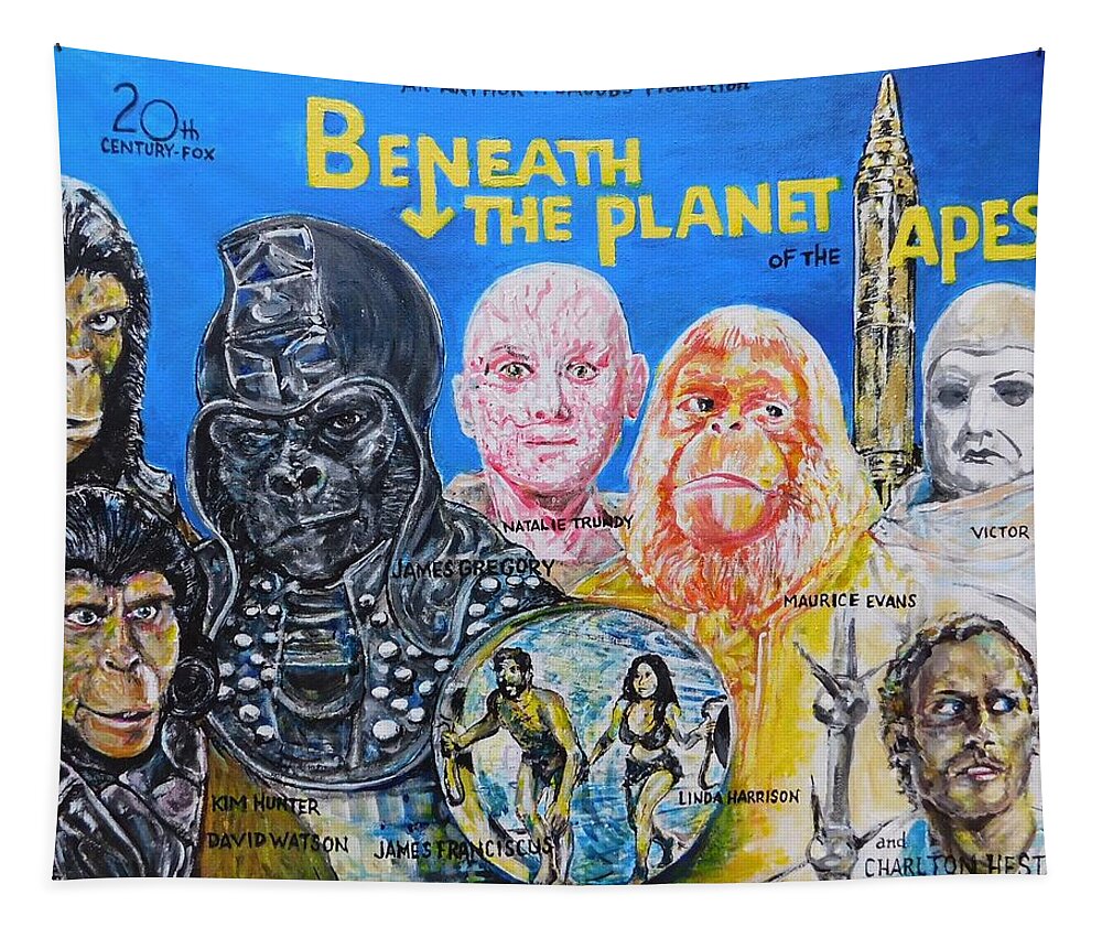 Planet Of The Apes Beneath The Plane To Fthe Apes Arthur P Jacobs Charlton Heston James Gregory Victo Rbuono James Franciscus Kim Hunter Linda Harrison Zira Cornelius Dr.zaius General Ursus Science Fiction 1970 20th Century Fox Hollywood California 1970 Tapestry featuring the painting Beneath The Planet Of The Apes - 1970 Lobby Card that Never Was by Jonathan Morrill