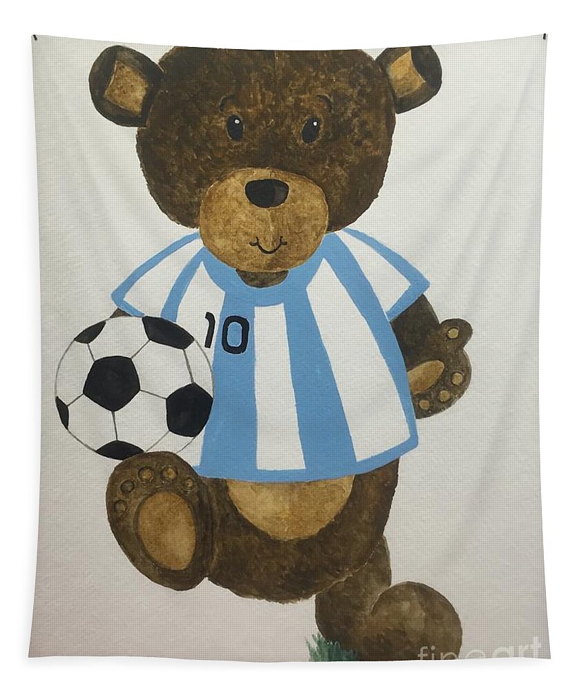Teddy Bear Tapestry featuring the painting Benny bear soccer by Tamir Barkan