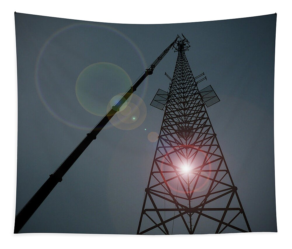 Tower Crane Steel Blue Sky Flare Silhouette Wv Berkeley Springs Sun Solar Communications Boom Tower Technician Rope Work Ropes Aerial High Harness West Virginia Usa Cellphone Cell Cellular Climber Tapestry featuring the photograph Berkeley Springs by Bob Geary
