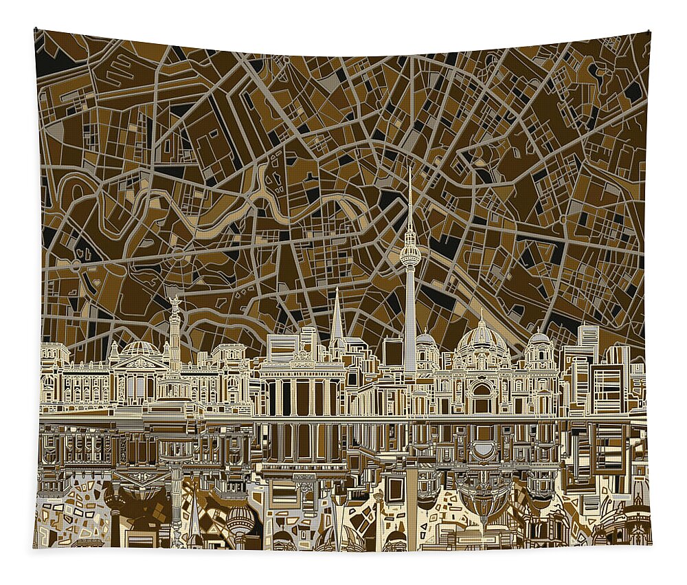 Berlin Tapestry featuring the digital art Berlin City Skyline Abstract Brown by Bekim M