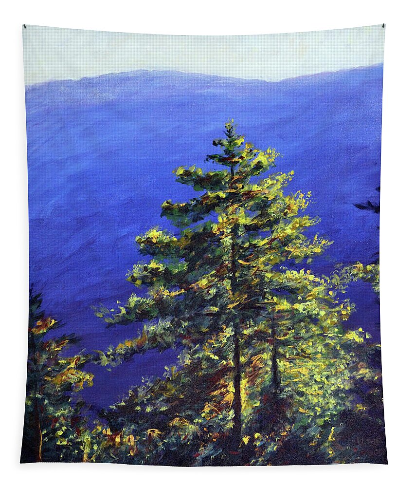 Pine Trees Tapestry featuring the painting Bhutan series - Pine trees and blue mountains by Uma Krishnamoorthy