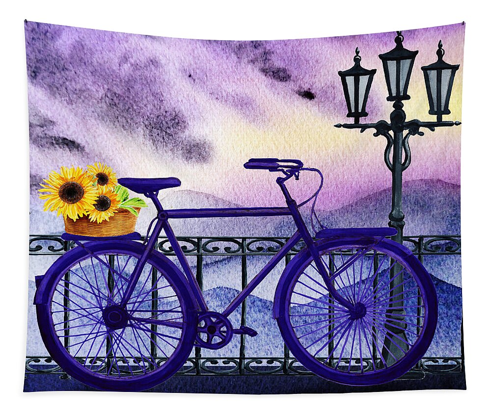 Bicycle Tapestry featuring the painting Blue Bicycle And Sunflowers by Irina Sztukowski by Irina Sztukowski