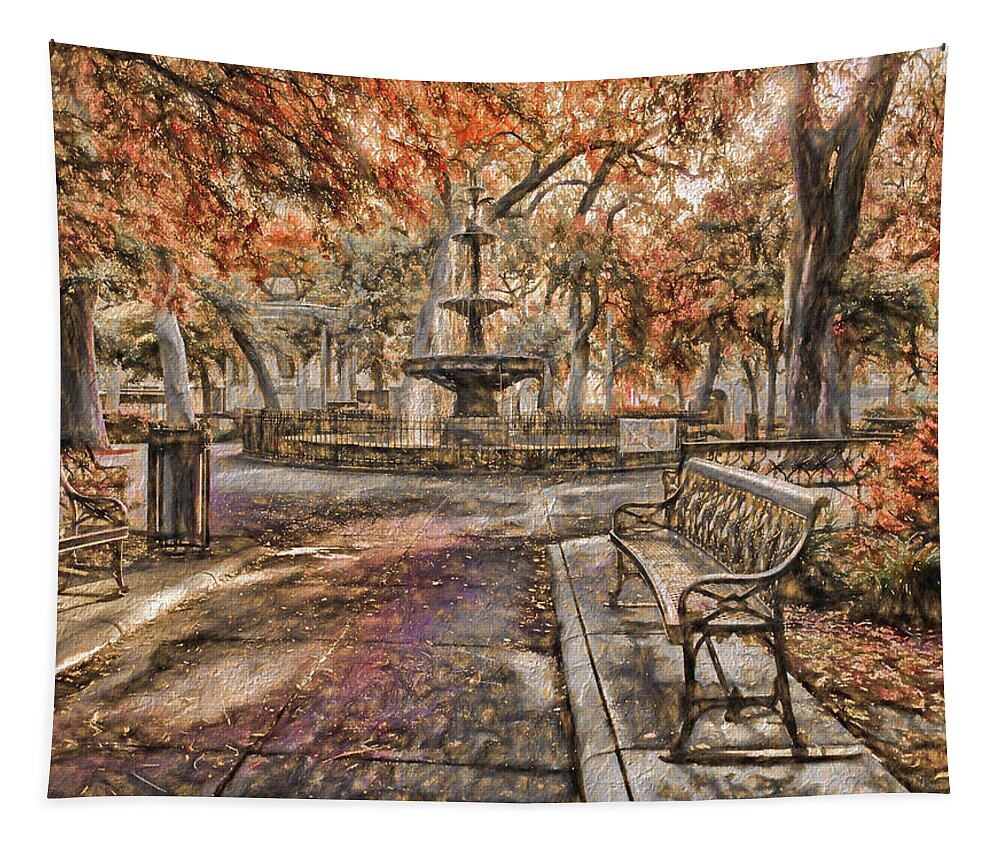 Mobile Tapestry featuring the photograph Bienville Fountain and Bench Fall Colors by Michael Thomas