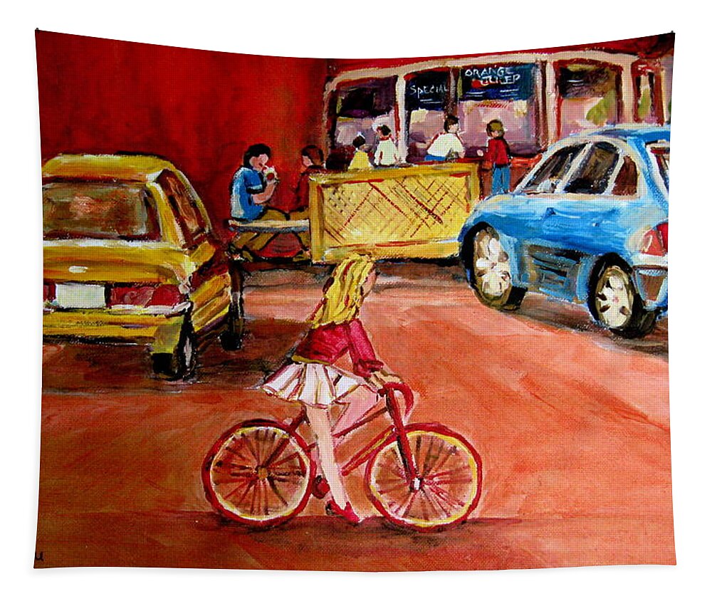 Orange Julep Tapestry featuring the painting Biking To The Orange Julep by Carole Spandau