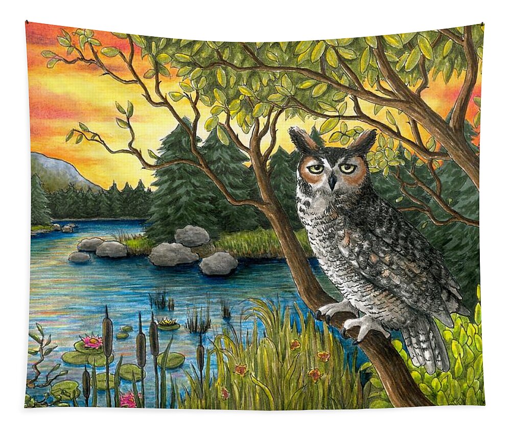 Bird Tapestry featuring the painting Bird 68 Owl by Lucie Dumas