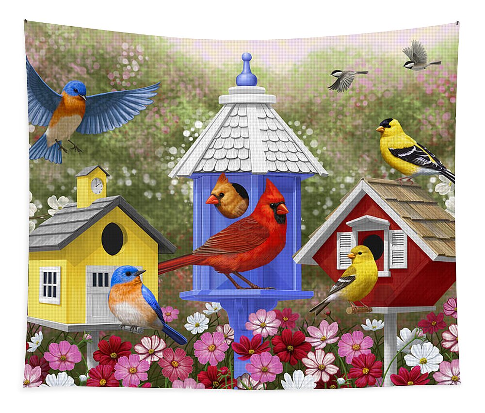 Wild Birds Tapestry featuring the painting Bird Painting - Primary Colors by Crista Forest