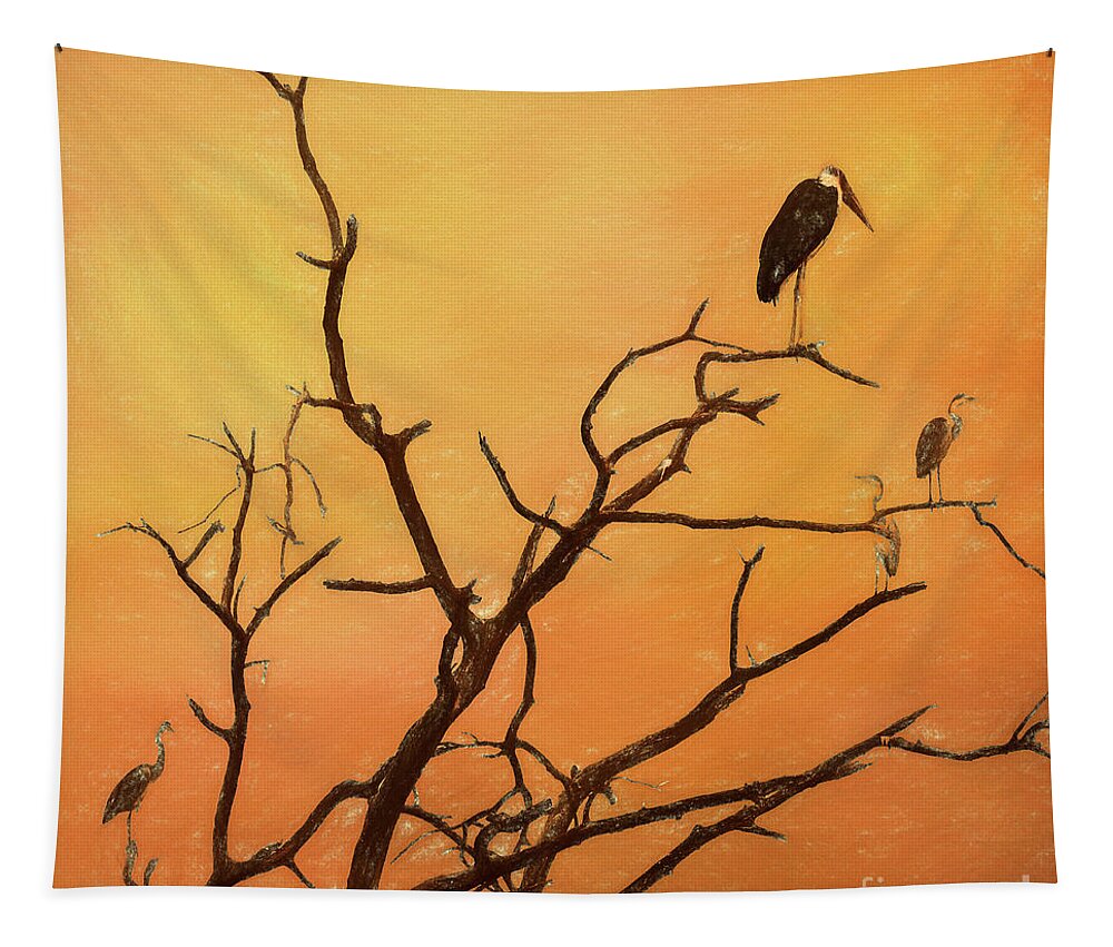 Marabou Stork Tapestry featuring the digital art Birds in an African Sunset by Liz Leyden