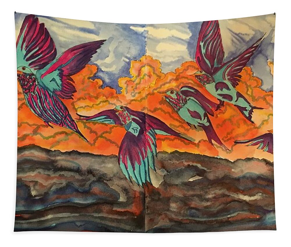 Birds Tapestry featuring the drawing Birds in Flight by Angela Weddle