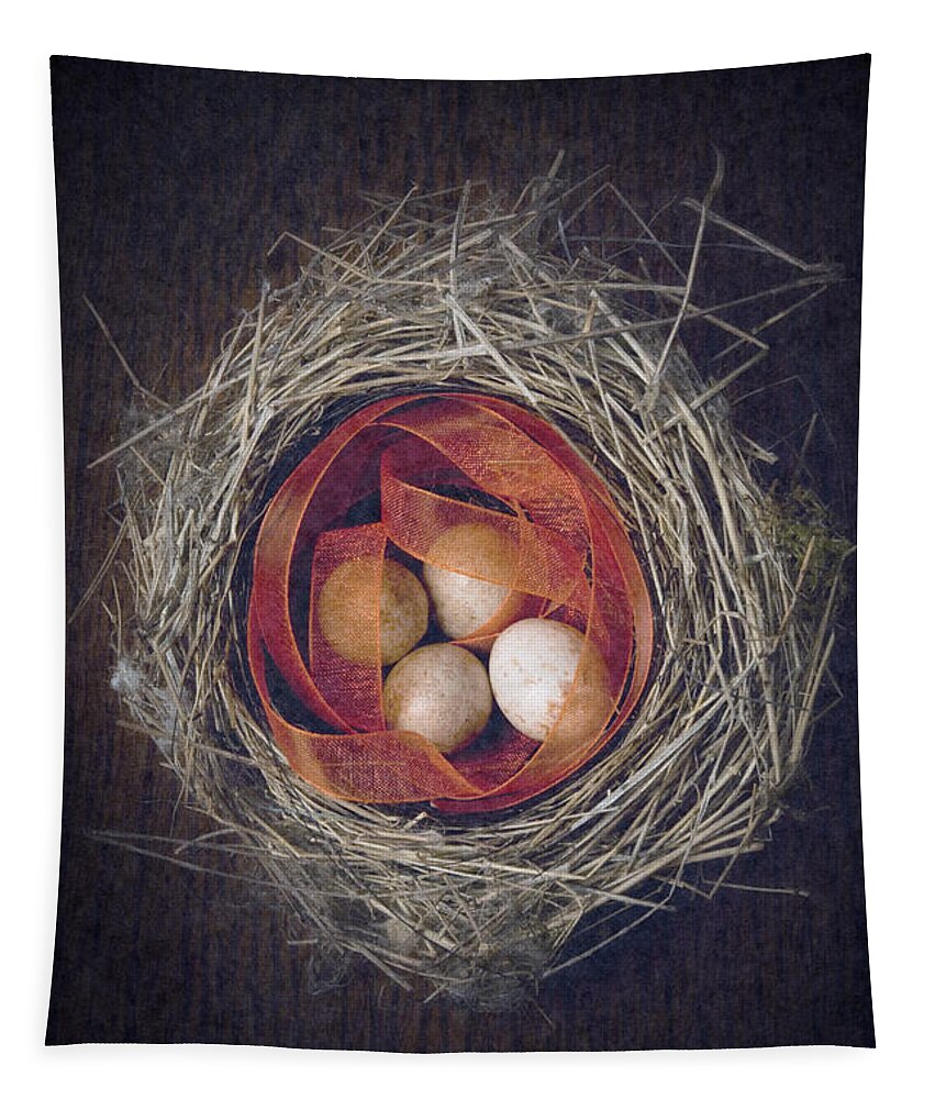 Bird Tapestry featuring the photograph Bird's nest with eggs and ribbon by Clayton Bastiani