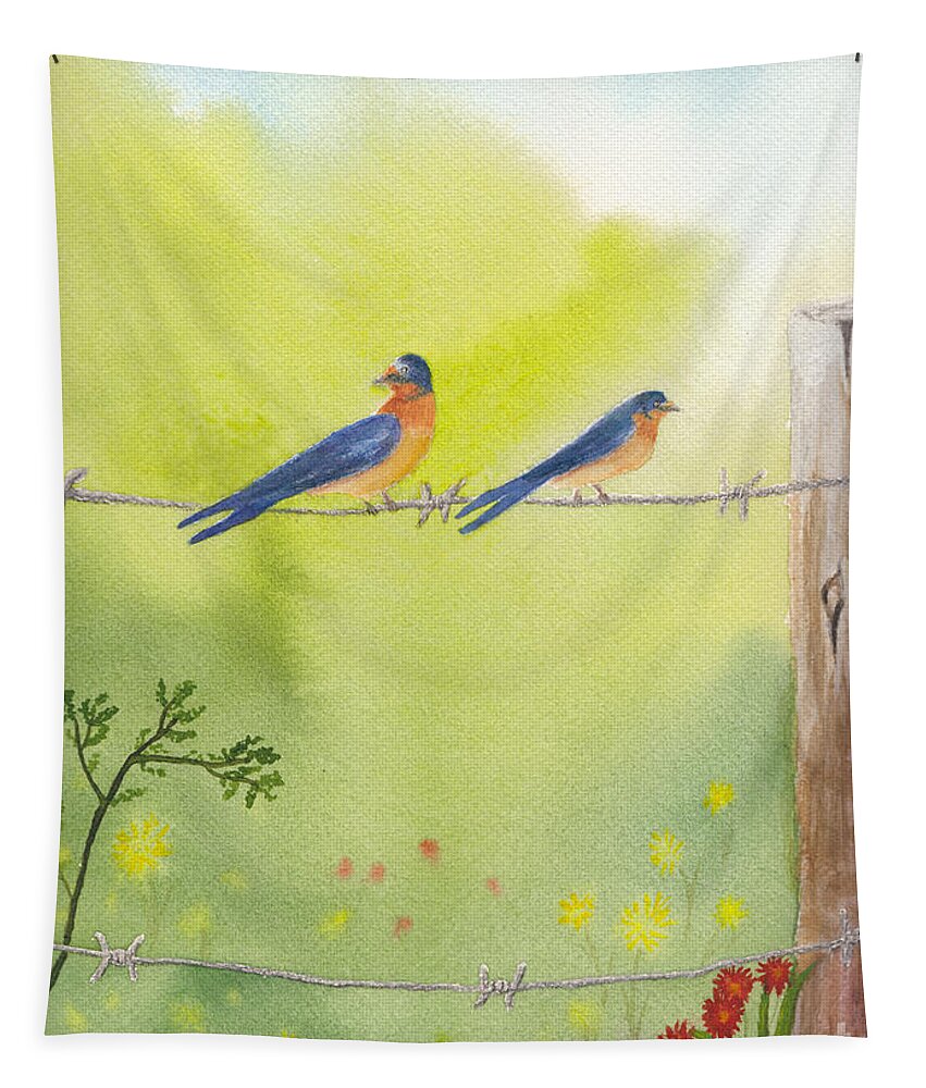 Barn Swallows Tapestry featuring the painting Birds on a Wire Barn Swallows by Conni Schaftenaar