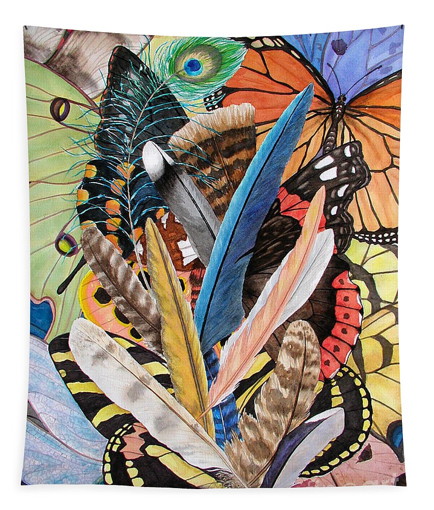 Feathers Tapestry featuring the painting Bits of Flight by Lucy Arnold