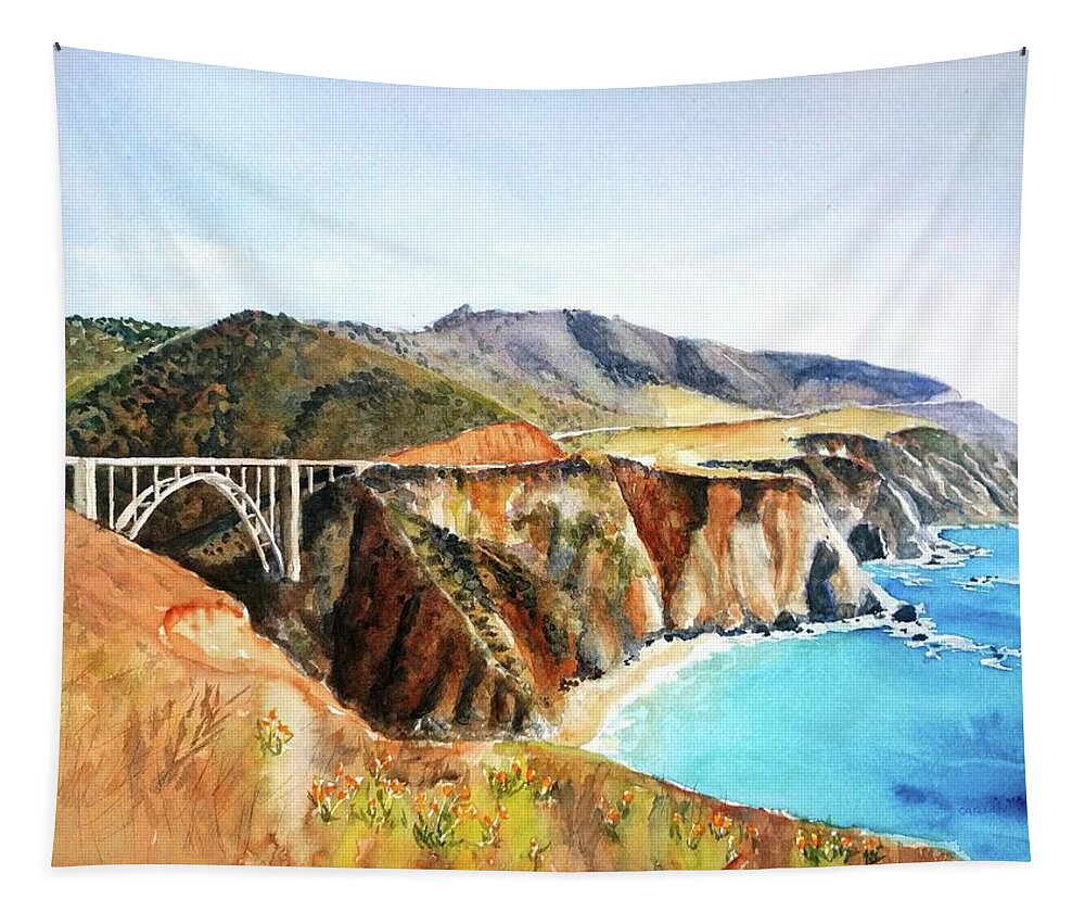 Bixby Bridge Tapestry featuring the painting Bixby Bridge Big Sur Coast California by Carlin Blahnik CarlinArtWatercolor