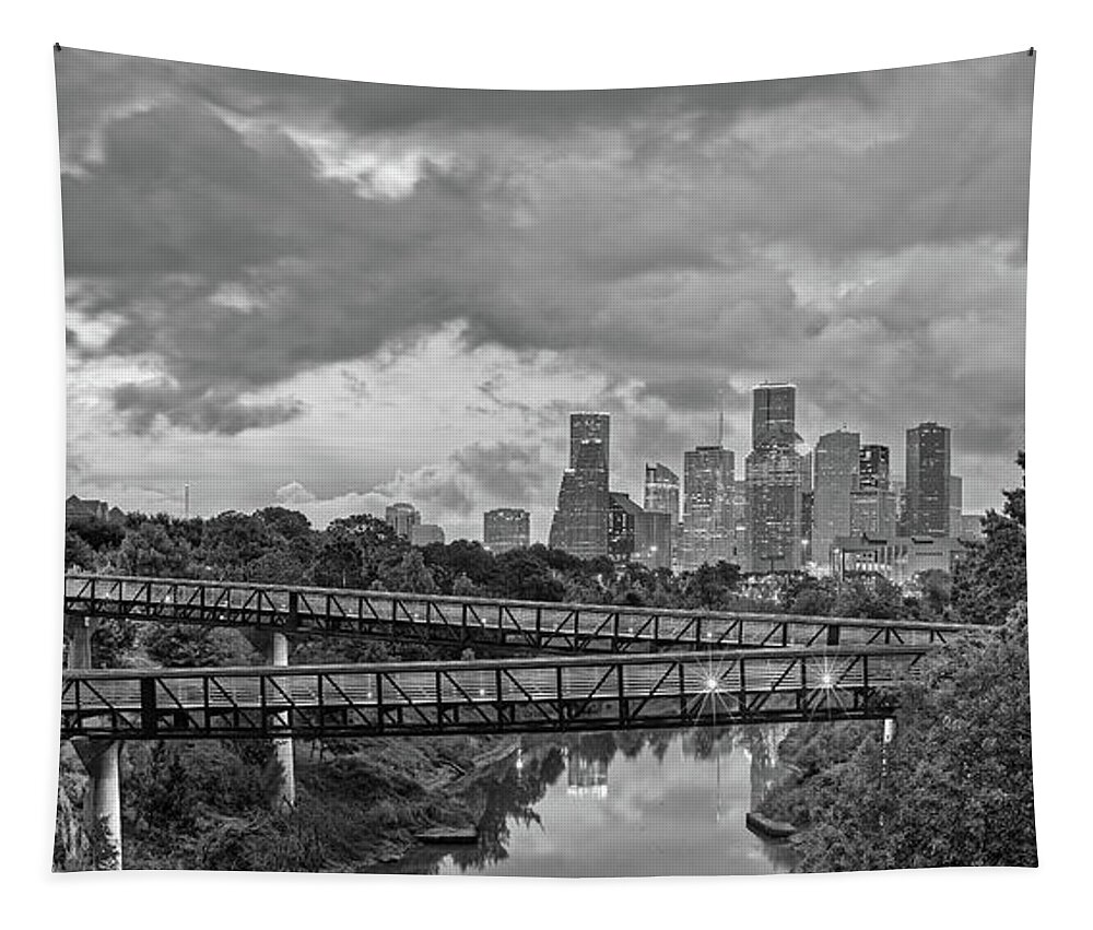 Downtown Tapestry featuring the photograph Black and White Panorama of Downtown Houston and Buffalo Bayou from the Studemont Bridge - Texas by Silvio Ligutti