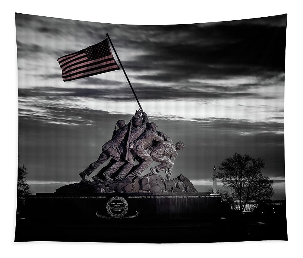 America Tapestry featuring the photograph Black and White photo of Iwo Jima Memorial in DC by Steven Heap